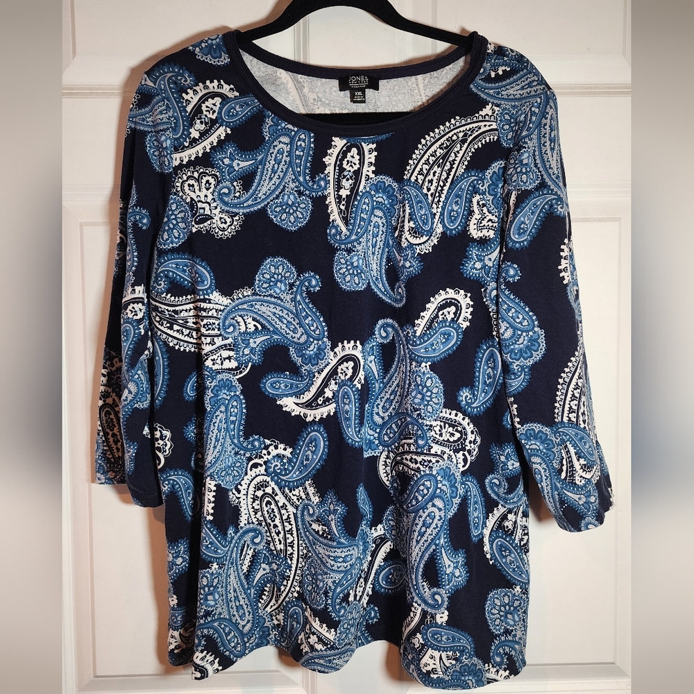 Jones New York Navy and Light Blue Paisley Scoop Neck Top XXL